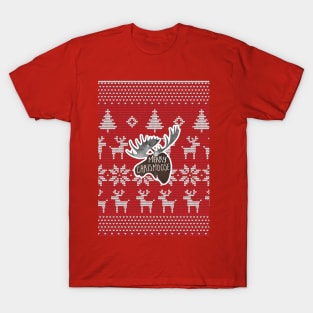 Merry ChrisMOOSE! A Christmas design of a moose atop a Christmas sweater background with a funny phrase T-Shirt